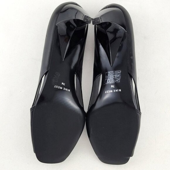 Nine West Black Leather Square Open Toe Side Cutout Patent Heel Shoes Size 7M - Picture 10 of 15